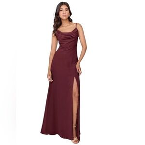 Revelry NWT Ember Chiffon Cowl Neck Spaghetti Strap Lace Up Maxi Gown Burgundy